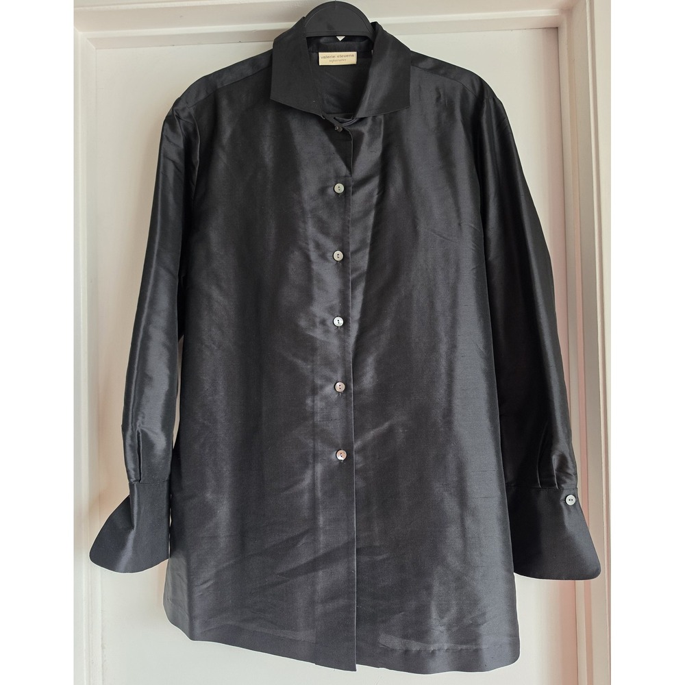 Valerie Stevens Separates Silk Blouse M Black Solid Collared Long Sleeve Top VTG